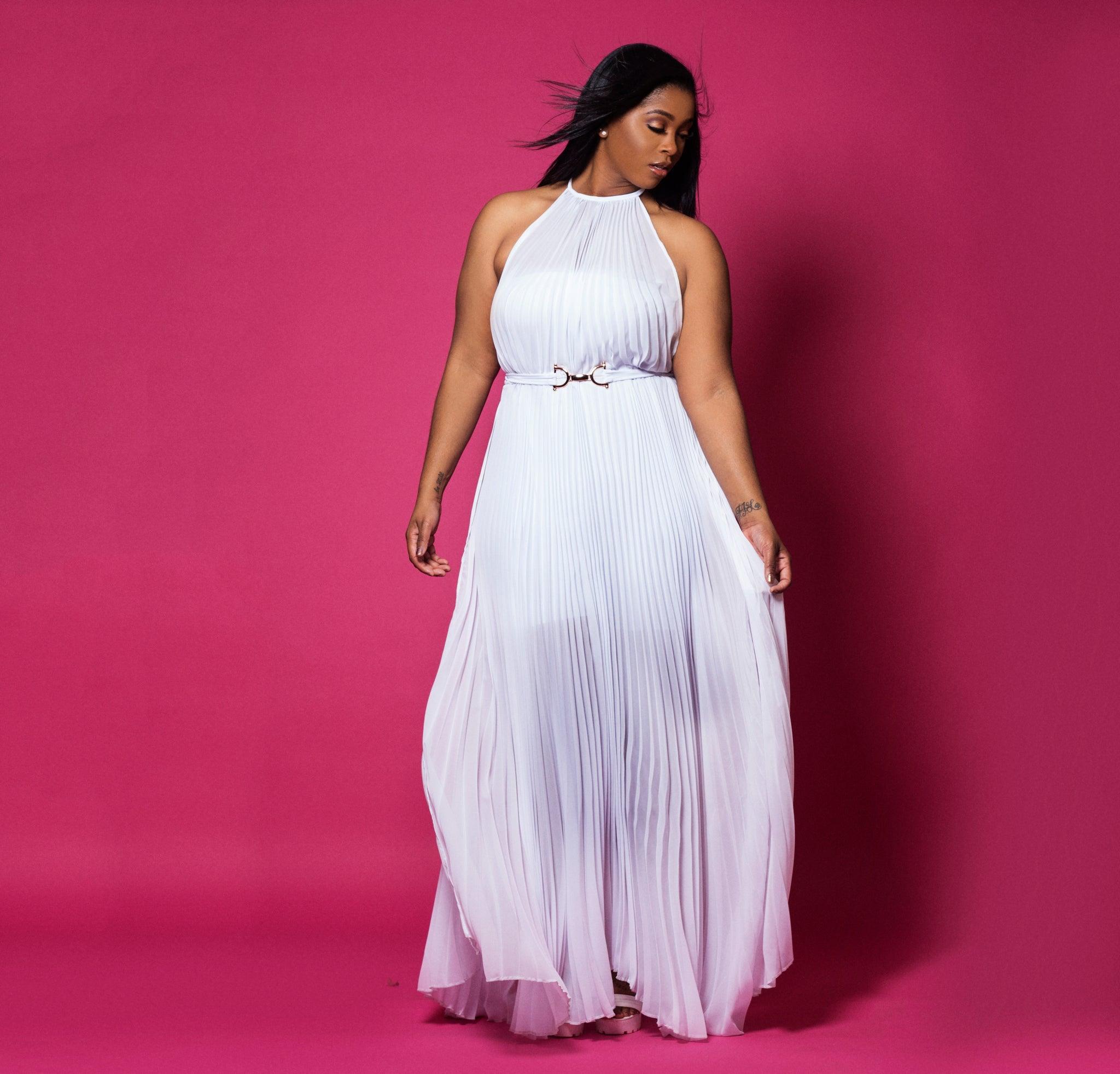 Plus Size White Pleated Chiffon Gown Romper with side splits Bridal Bridesmaid Dress Courtney Noelle Belle